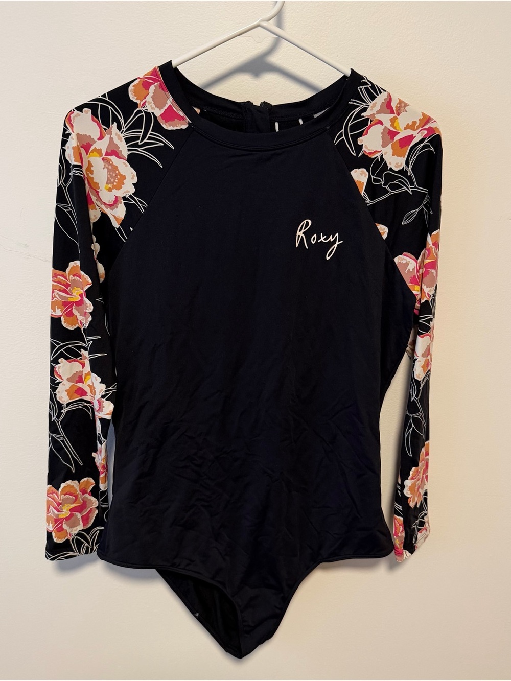 Roxy Long Sleeve One Piece Rashguard Surf Suit Black with Floral Sleeves